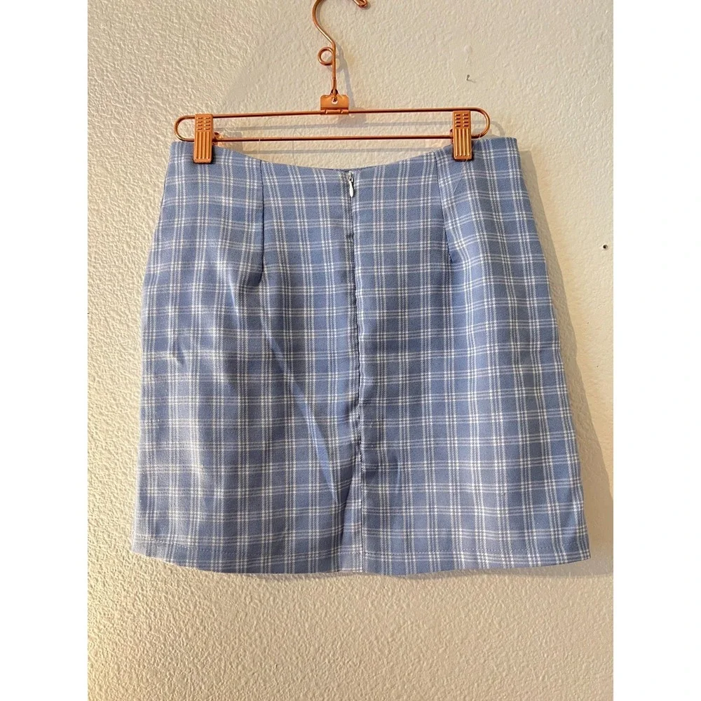 Shein Womens Blue Plaid Mini Skirt‎ sz S Uniform Old Money 90s Spring Slit Soft